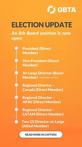 📣 Important Update: GBTA 2025 Board Elections We’re expanding the conversation—and the leadership. An 8th Board position is now open: 🟠 At-Large Direct (Buyer Member) Nominations for all open positions have been extended to May 9, 2025. This is your chance to step forward or nominate a leader who will shape the future of global business travel. 🗳️ Not a member yet? There’s still time. Join by June 30, 2025 to be eligible to vote in the election. 🔗 Learn more about how to submit your nominati