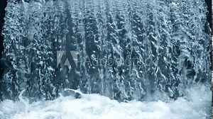 Beautiful natural waterfall background with falling crystalline water flow and splashing drops with foam. Scene with blue and cyan color, perspective, mid shot, super slow motion, hd. ProRes 422 HQ.