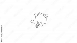 Animation of single one line drawing of ruthless common warthog head for company logo. Grassland Africa pig mascot concept for national zoo icon. Continuous line self draw animated. Full length motion