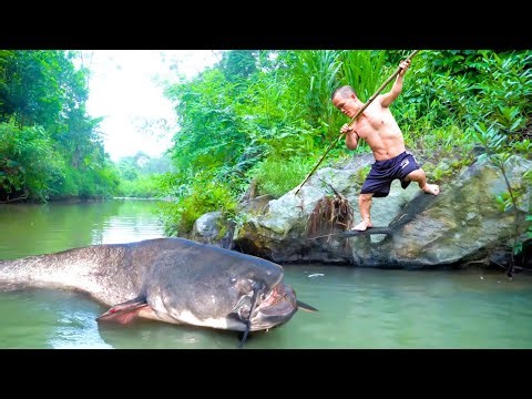 Catching Giant Fish to Survive Alone in the Forest - Amazing Primitive Fish Trap and Cooking