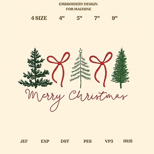 Christmas Tree Embroidery Design, Coquette Bow Embroidery Machine File, Merry and Bright Christmas Tree Bow Embroidery File - Etsy
