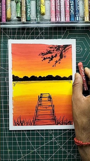 Easy Sunset Lake Drawing with Oil Pastels | Step-by-Step Tutorial for Beginners