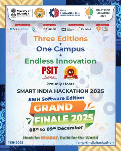 PSIT Kanpur continues its legacy of innovation! After hosting SIH in 2018 and 2019, we’re proud to host the Grand Finale of Smart India Hackathon 2025 – Software Edition. A journey of ideas, creativity, and nation-building continues, right here on our campus. #SIH2025 #SmartIndiaHackathon #PSITKanpur #InnovationCampus #GrandFinaleHost | PSIT (OffiCial)