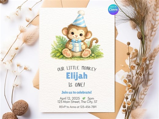 Little Monkey Birthday Invitation | Sweet Silly Monkey Bananas Jungle Party | Multiple Colors (canva Template) - Etsy Australia