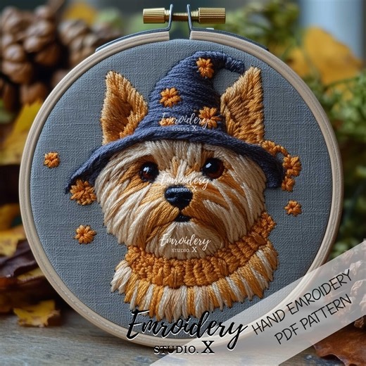 Halloween Dog Portrait Embroidery Pattern PDF: Small Dog With Starry Witch Hat Hoop Art Hand Stitch Design - Etsy