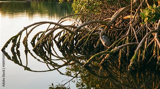 Serene heron perches amidst tangled mangrove roots over calm water with golden hour light heron, reflection.