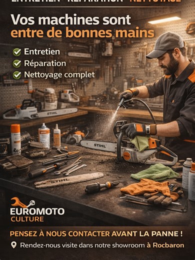 🔧 Entretien & réparation de vos machines Entretenir régulièrement vos machines, c’est éviter les mauvaises surprises au moment où vous en avez le plus besoin 💥 Chez Euromoto Culture, nous réparons et entretenons vos machines avec sérieux, professionnalisme et savoir-faire, pour garantir performance, sécurité et longévité 🔩🌿 👉 Un contrôle aujourd’hui, c’est du temps et de l’argent économisés demain. 📍 Venez nous rencontrer en boutique 📞 Ou contactez-nous pour un diagnostic et des conseils 