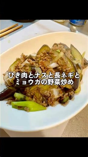 ひき肉とナスと長ネギとミョウガの野菜炒め作っていくぅ！