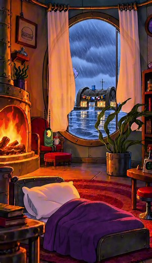 Even the smallest villain needs a quiet evening. Rain outside, warmth inside. 🌧️🔥💚 #plankton #spongebob #cozyvibes #rainynight #alxai.studio