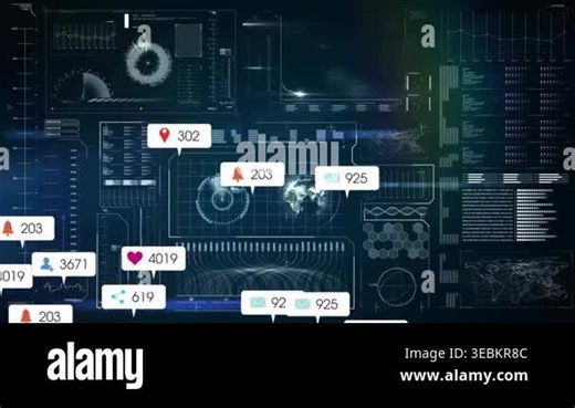 Holographic data HUD showing badges appearing floating scaling counts circling globe showing surge. Futuristic, neon, interactive, dashboard, analytics, radar, icons Stock Video Footage - Alamy