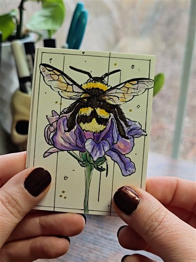 ACEOs available on auction now! Have a bumble bee and Wildflower, a robin perched on some berries, a snow dusted fox, and yellow snake and cute little snail perched on a mushroom. Tiny original art pieces waiting for new homes. . #artistoftiktok #aceo #originalart #natureinspired #whimsicalart