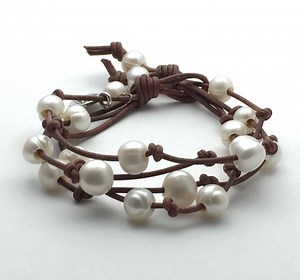 Multistrand Leather Pearl Bracelet. Rustic Brown Leather, White Freshwater Pearls, Lotus Flower Charm Yoga Jewelry, Wrap Bracelet - Etsy