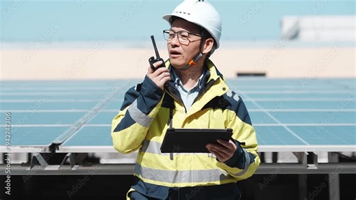 Engineer at solar power plant holding walkie-talkie and tablet during inspection