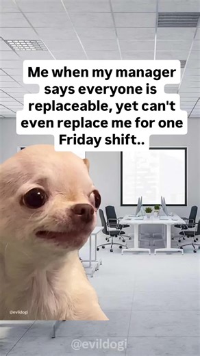 It seems like I’m not as replaceable as he said.💅🤣 😂 Daily evil & hilarious memes follow for more! 🐶 EVIL DOG — Official Meme Page 😈 Dark humor | satire only 🛒 EVIL DOG clothing & merch ⬇️ Shop link in my bio ➡️ evildogofficial.com
