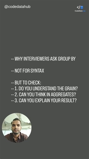 Omkar on Instagram: "Interviewers don’t ask GROUP BY to test syntax. They ask it to see: • if you understand the grain of the result • if you can think in aggregates • if you can explain why your answer is correct Clear thinking matters more than clever queries. #SQLInterviews #DataEngineering #Analytics"