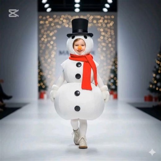 3-Year-Old in Full Body Snowman Costume on the Runway