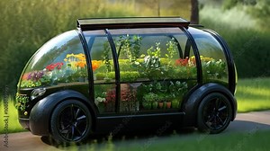 Sustainable Urban Farming: A futuristic concept car, equipped with a built-in greenhouse, showcases the potential of urban agriculture.