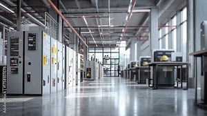 Secure Workplace, modern factory office with visible protective gear lockers and safety posters, organized and safe environment.