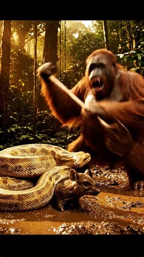 Orangutan vs. Giant Python: Dramatic Rescue of a Trapped Jungle Rodent!