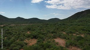aerial view of an typical african landscape in southern africa, botswana ,dry landscape with bush and acacia trees, low altitude flight