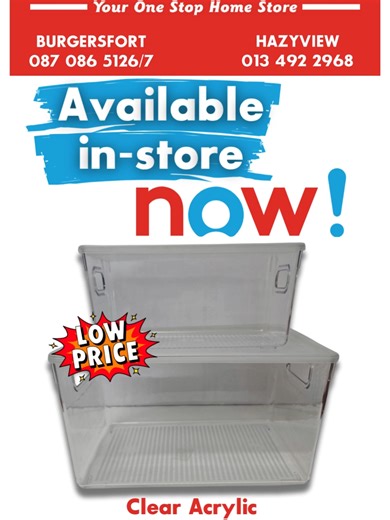 Organise your space the smart way ✨ Clear Acrylic Storage Containers Small, Medium & Large available. Neat shelves = happy home 😌 #ShopnSave #OrganisedHome #HomeHacks #StorageIdeas #HomeFinds