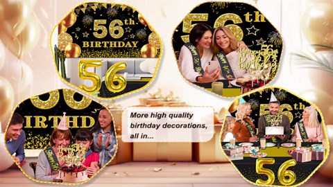 56th Birthday Decorations Men Women with 56th Birthday Banner, Black and Gold Table Cloth, Number Balloons, Large Sash, Cake Topper and Candles