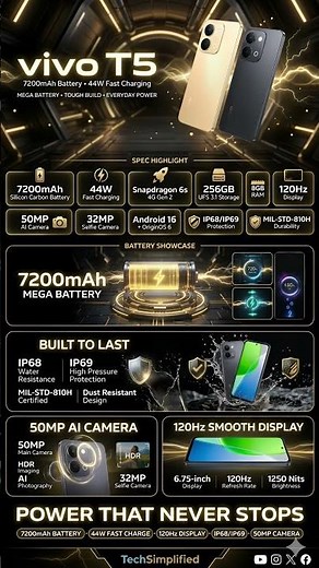 vivo T5 Full Specifications & Features | 7200mAh Battery Monster 2026