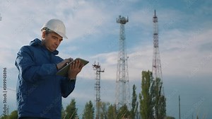 A telecommunications engineer working on a digital tablet records data for maintenance of the telecommunications network. Design, repair and installation of satellite and telecommunications networks.