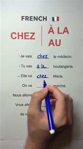 🇫🇷 CHEZ, À LA or AU? Complete the French sentences #studyfrench #practicefrench #learnfrench