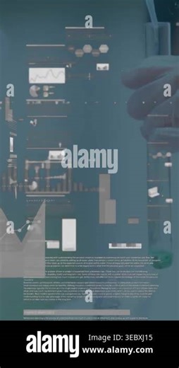 Vertical video: Gloved hand holding test tube inserting pipette in lab, HUD charts updating data. Glassware, gloves, beaker, droppers, laboratory, dashboards, vertical video Stock Video Footage - Alamy