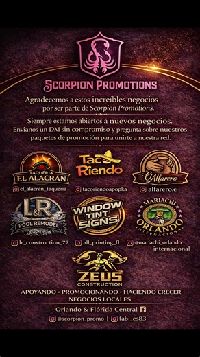 Scorpion Promotions Gracias a estos increíbles negocios por ser parte de Scorpion Promotions. Estamos abiertos a nuevos negocios. Pueden enviar DM sin compromiso para preguntar por nuestros paquetes y unirse a nuestra redes 🫶🏻🙏🏼 Scorpion Promotions La voz de tu negocio más fuerte que nunca. Making your brand impossible to ignore. @scorpion_promo @fabi_es83