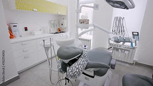 Modern Dental office. equipment at dental office. Dental chair and other accessories. Dental clinic equipment.