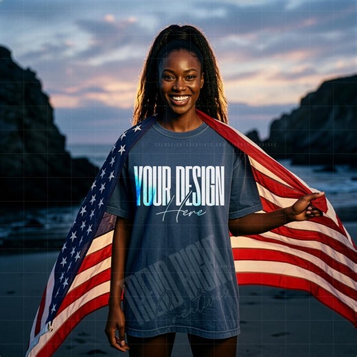 Comfort Colors Denim 1717 Mockup Black Woman American Flag Beach Summer PNG Digital T-shirt Model Photo Oversized CC1717 - Etsy