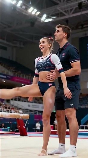 Coach's Support! Gymnast Girl Laughs Brightly While Lifting Leg