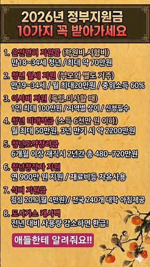 2026년 자식들이나 손주에게 알려줘야할 정부지원금 10가지 혜택!