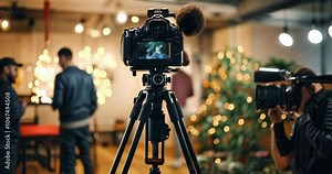 Filming Process in Festive Studio: Camera on Tripod Recording Christmas Content. Behind the Scenes of Video Production. 4K Video