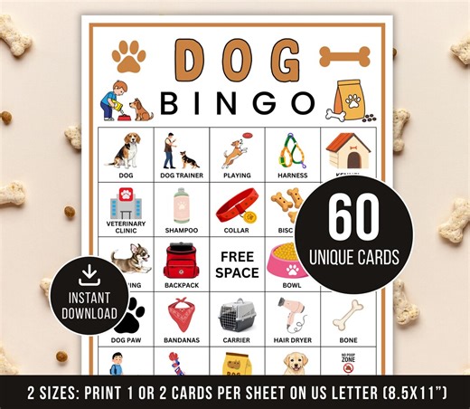 Dog Bingo Game, 60 Dog Bingo Cards, Printable Dog Bingo Game, Puppy Birthday Party, Kids Classroom Activity, Instant Download - Etsy