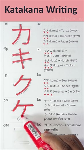 Katakana カキクケコwriting with pronunciation and use in the words #fblifestyle #jlptlistening #japanese | JLPT Listening