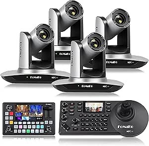 FoMaKo NDI Camera AI Auto Tracking HDMI PTZ Camera 20x Optical Zoom(4pcs) +KC601 Pro Video Mixer Switcher+ KC608N NDI PTZ Controller (KC608N+FMK20UH NDI x4 + KC601)