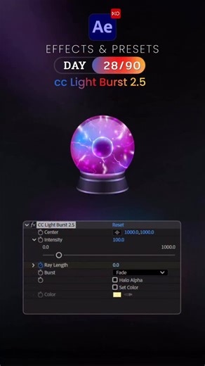 XO MULTIMEDIA on Instagram: "Day 28/90 – CC Light Burst Effect 🦋 Today is Day 28 of our 90 Days After Effects Challenge, and we’re exploring CC Light Burst, a bright directional glow effect that shoots rays outward from your layer, perfect for dramatic highlights, logo reveals, and glowing transitions. ✨ What is CC Light Burst? CC Light Burst creates glowing beams that radiate from a point on your layer. Great for magical effects, energetic reveals, or adding focus to text and graphics. ✨ How t