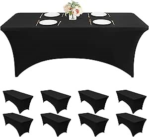 8 Pack Black Stretch Tablecloths, 6Ft Fitted Spandex Table Covers for 6 Foot Rectangular Folding Tables, Polyester Washable Table cloths Protector for Parties, Trade Shows, Banquets, Buffet Display