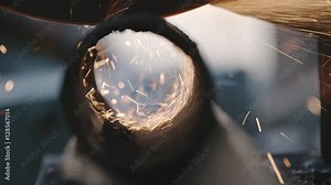 Close up of sparks flying around metal pipe being cut with grinder