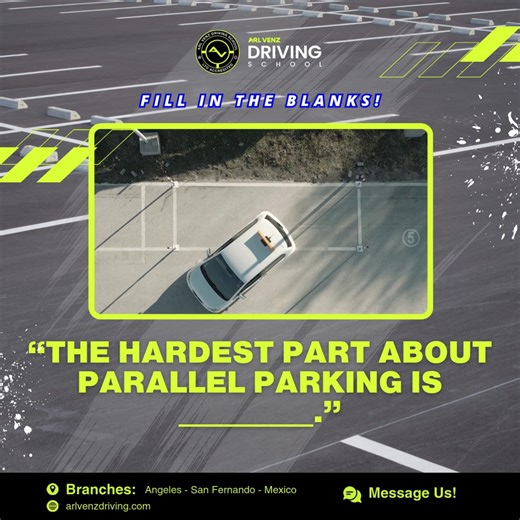 Parallel parking: Ang test of patience ng bawat driver! 🎮🚗 Anong kwento mo? Fill in the blanks tayo! 👇 "The hardest part about parallel parking is __________." I-tag mo na rin ang kaibigan mong hanggang ngayon ay hirap pa rin mag-park! 😂 #DrivingSchoolLife #ParallelParking #ArlVenz #RoadSafety #DriverTipsPH | Arl Venz Driving School - LTO Accredited
