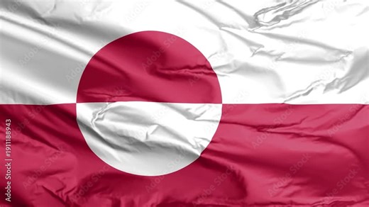 National flag of Greenland with red and white horizontal bands and offset circle.
