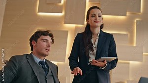 Emotional businesspeople reacting fail looking computer screen at office closeup