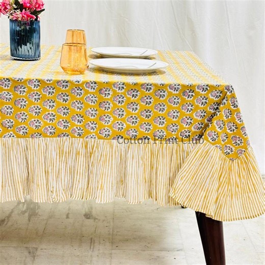 Citrine Yellow Floral Hand Block Print Ruffle Tablecloth, Handmade Cotton Dining Table Cover, Farmhouse Kitchen Linen, Boho Wedding Decor - Etsy
