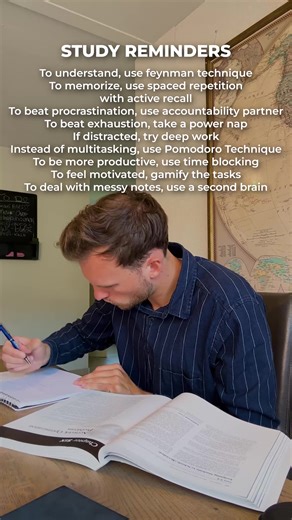 Study Reminder: Here are the solutions for every common study struggle. Most students know they're struggling but don't know which method fixes which problem. So here you go: TO UNDERSTAND → USE FEYNMAN TECHNIQUE Explain the concept out loud in simple terms like you're teaching a 12-year-old. If you can't simplify it, you don't understand it fully yet. TO MEMORIZE → USE SPACED REPETITION WITH ACTIVE RECALL Review material after 1 day, 3 days, 1 week, 1 month. Test yourself from memory instead of