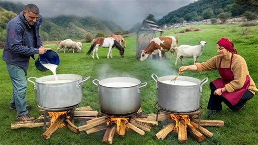 Homemade village cheeses cooked over an open flame