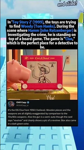 In 'Toy Story 2' (1999), the toys are trying to find Woody (Tom Hanks). During the scene where Hamm