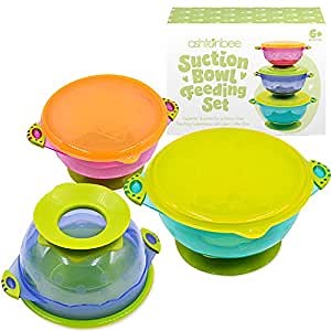 Baby Bowls with Suction - Suction Bowl for Toddlers, Set of 3 Stackable Feeding Bowls with Spill-Proof Lids, Silicone Placemat Bowl